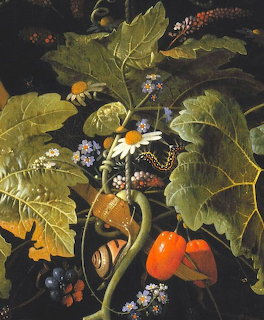 Classical still life painting with green leaves, peppers, berries, flowers, and insects on dark background