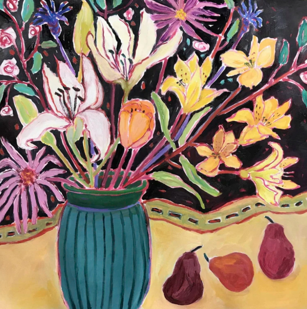 Still life painting of flowers in a blue vase with three red pears on a golden tabletop