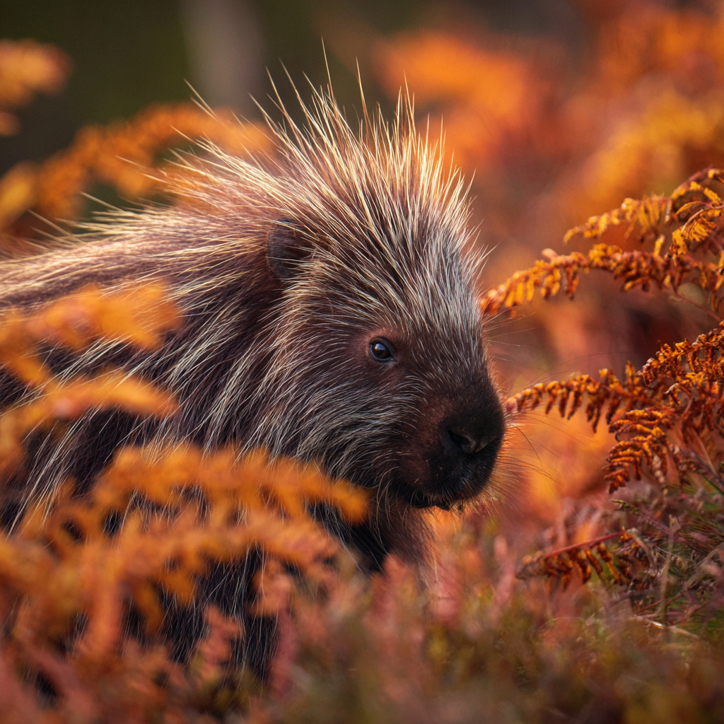 Close-up of a porcupine in orange autumn foliage