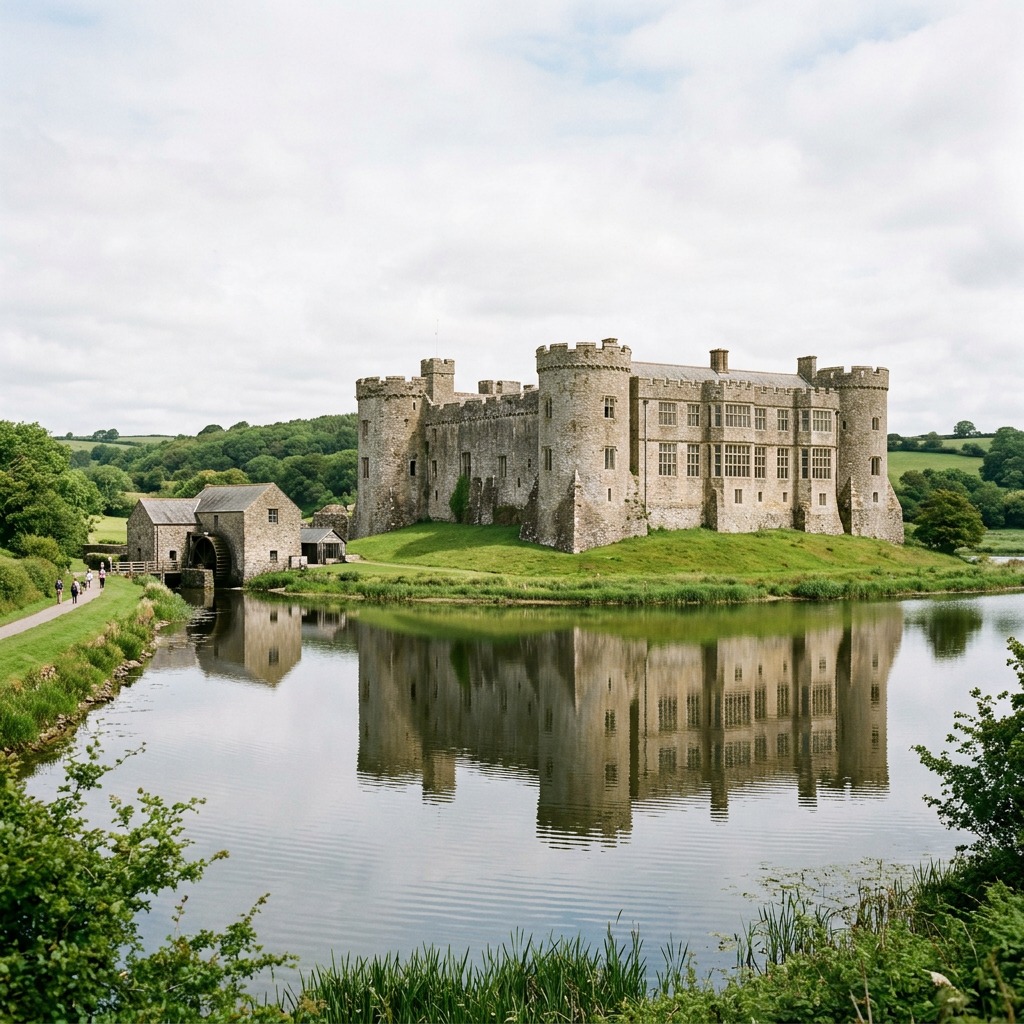 Carew Castle in Wales reflected in a moat, surrounded by green countryside