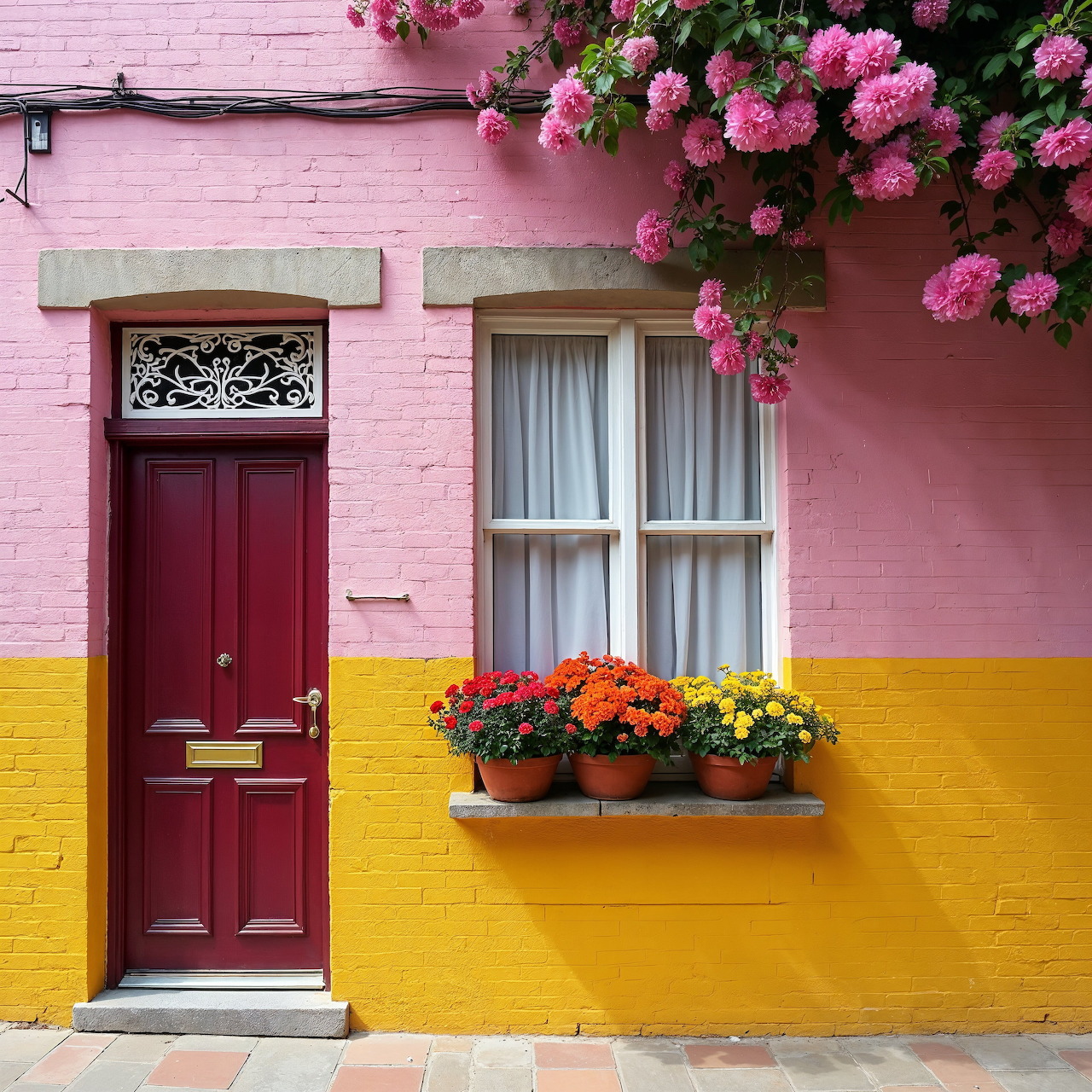 Colorful house exterior with pink and yellow walls, burgundy door, window with flower boxes, and climbing pink flowers