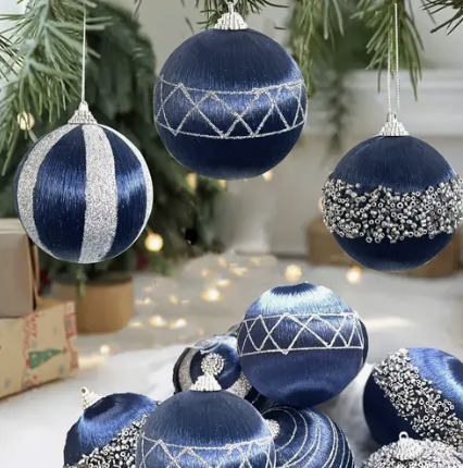 Christmas ornaments arranged in a festive holiday display