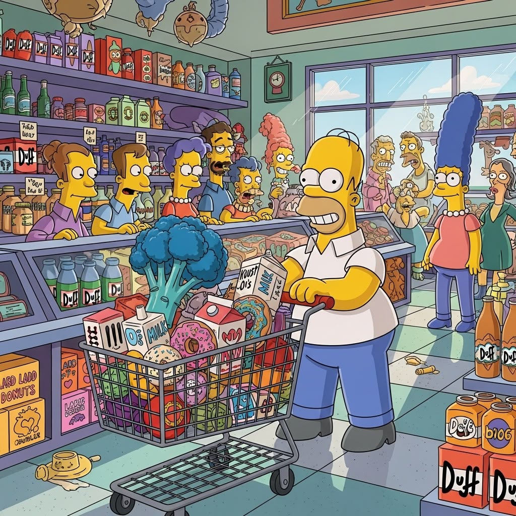 Homer Simpson shopping in Kwik-E-Mart with other cartoon characters