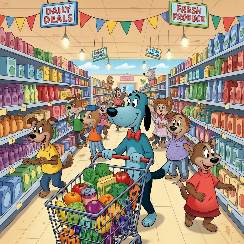 Cartoon dogs with shopping cart in bright grocery store with colorful shelves and bunting