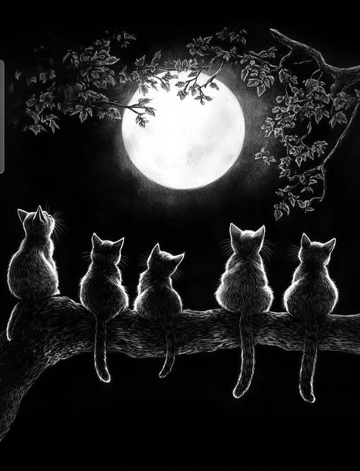 Five cats sitting on a tree branch looking at a full moon at night, black and white illustration