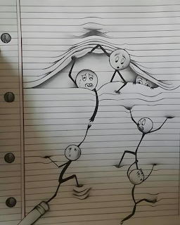 Stick figure drawing on lined notebook paper with several figures under and around a draped cover
