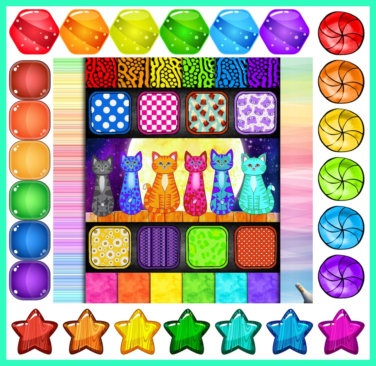 Four rainbow-colored cats sitting in a row on a fence, framed by colorful patchwork patterns and geometric shapes