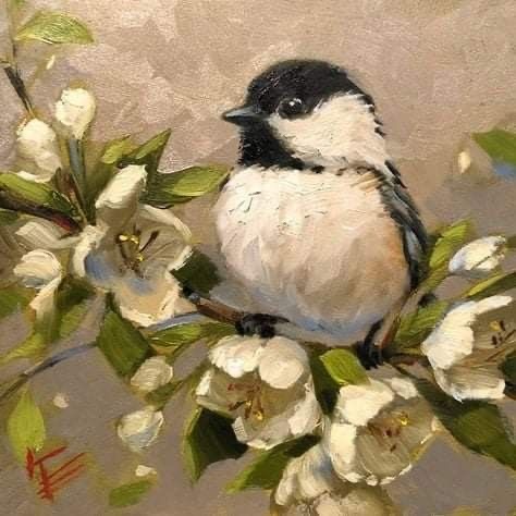 Oil painting of a chickadee bird sitting on a flowering branch with white blossoms