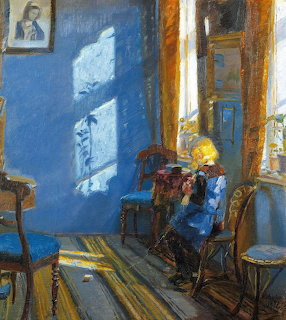 Painting of a woman sitting by a window in a blue sunlit room with chairs and strong floor shadows.