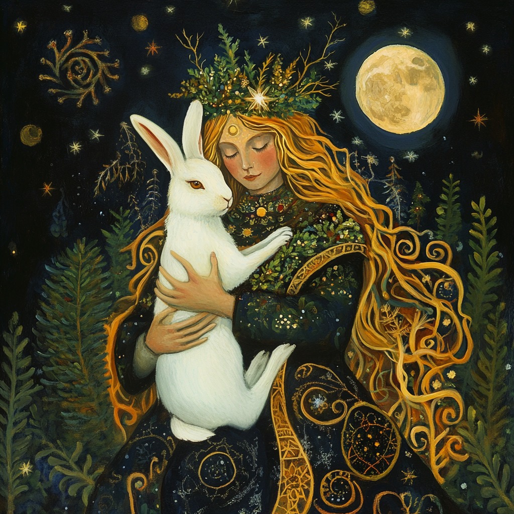 Woman with golden flowing hair holding white rabbit under full moon with decorative gold swirls and starry night background