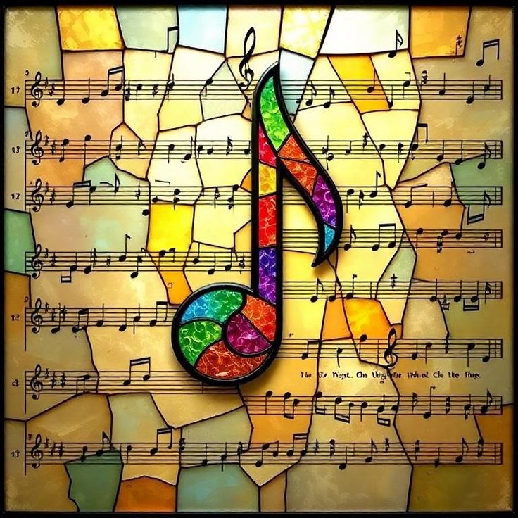Vibrant stained glass eighth note on aged sheet music with colorful mosaic tile background