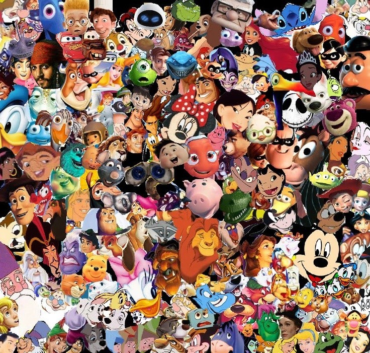 Large collage of colorful Disney and Pixar animated characters densely packed together