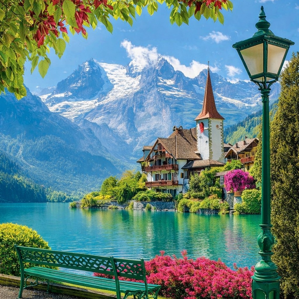 Alpine village by a turquoise lake with a church, flowers, bench, and snow-capped mountains
