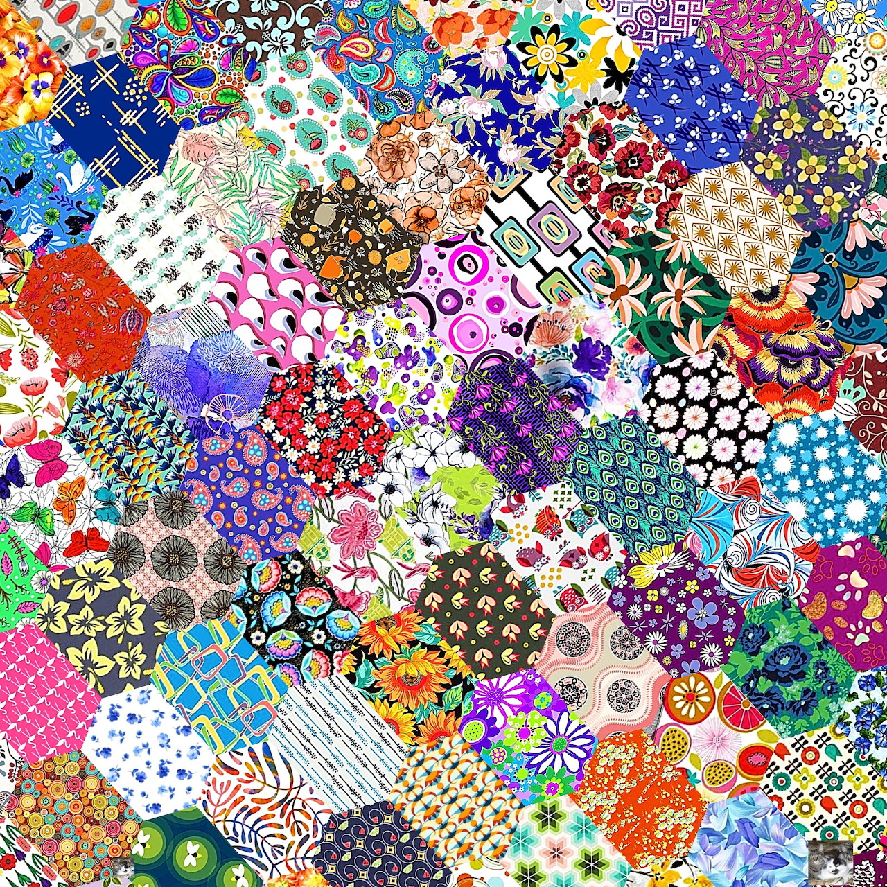 Dense collage of colorful patchwork patterns including dots, florals, geometrics, and abstract designs in vibrant hues