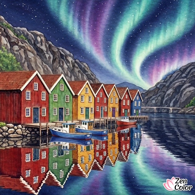 Colorful houses along fjord with northern lights reflected in water