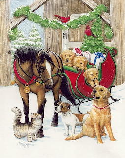 Horse with sleigh, golden retriever, terrier, cat, and snowman by Christmas-decorated barn in snow