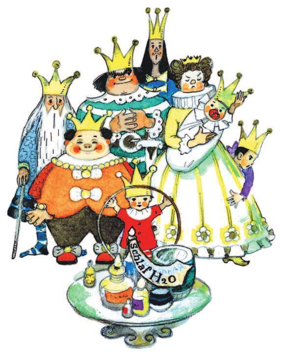 Illustrated group of seven crowned kings and a child with potion bottles, fairy-tale style