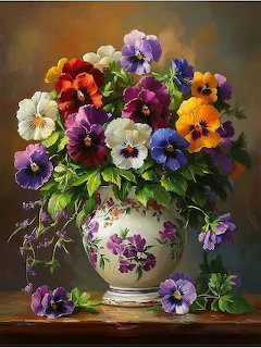 Oil painting of vibrant pansies in white vase with purple floral design on wooden surface