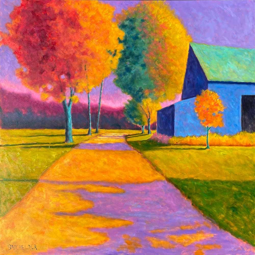 Colorful painting of blue barn with brilliant fall foliage and country path under purple sky