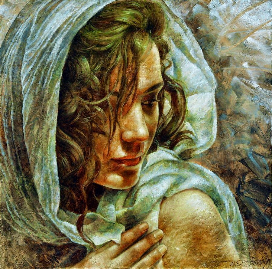 Portrait painting of woman in headscarf with warm tones and impressionistic style