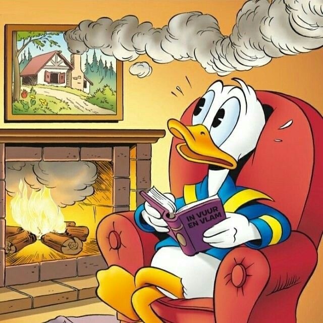 Donald Duck sitting in red armchair reading book next to fireplace
