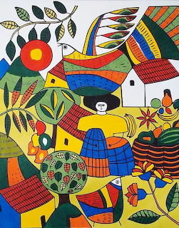 Colorful folk art village with patterned houses, bird, trees and flowers in bright geometric style