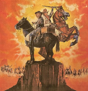 Painting of two cowboys on horses standing on a rocky pedestal under an orange sky