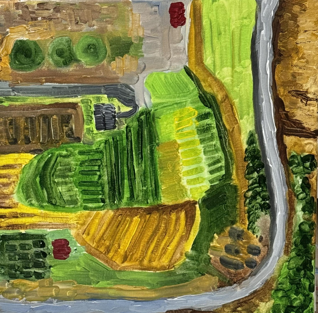 Painting of green and yellow farm fields from above with a winding road at the edge