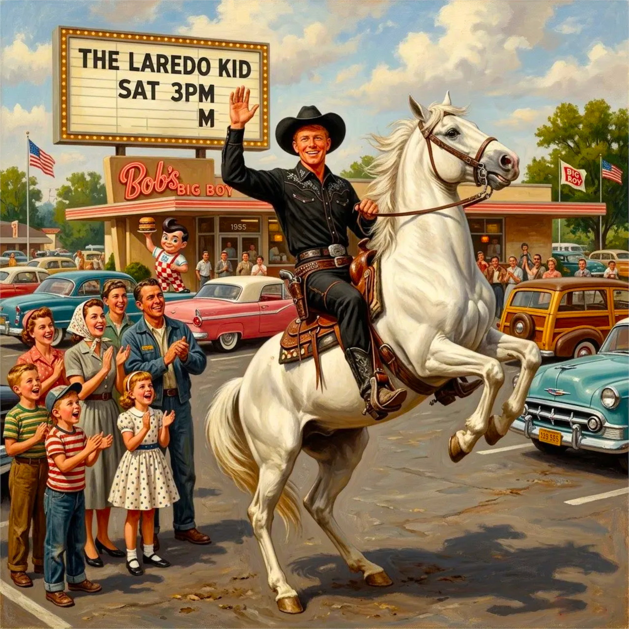 Cowboy on rearing white horse in retro parking lot with vintage cars and onlookers