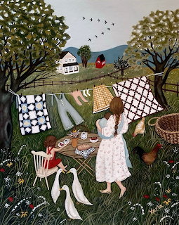 Folk art painting of a woman hanging laundry on a clothesline in a green countryside yard with farmhouse