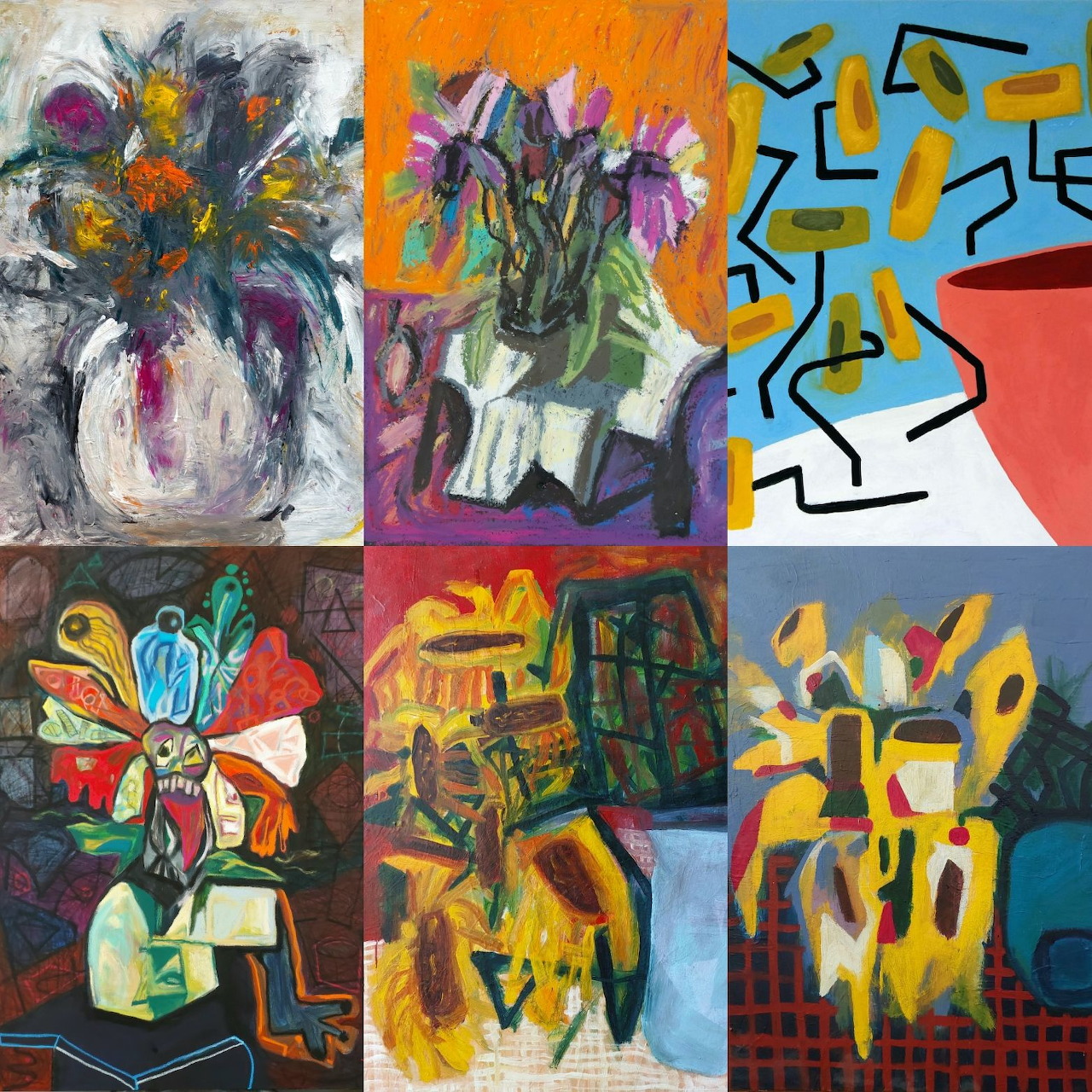 Six-panel art collage with floral still lifes, geometric abstracts, and colorful expressionist paintings