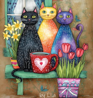 Illustration of three colorful cats sitting on a bench beside flowers and a red mug with a heart