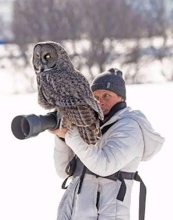 Photographer holding a large owl in the snow with a telephoto camera lens