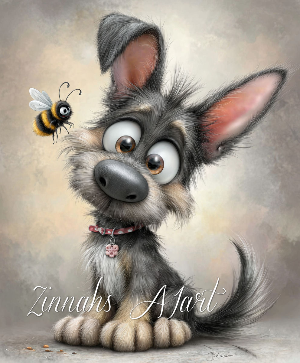 Cartoon gray puppy with big eyes looking at a smiling bee, digital illustration with soft background