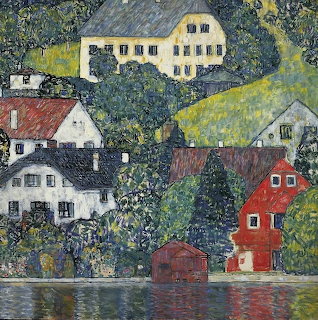 Klimt painting of village houses with red and yellow facades surrounded by dense foliage near waterfront