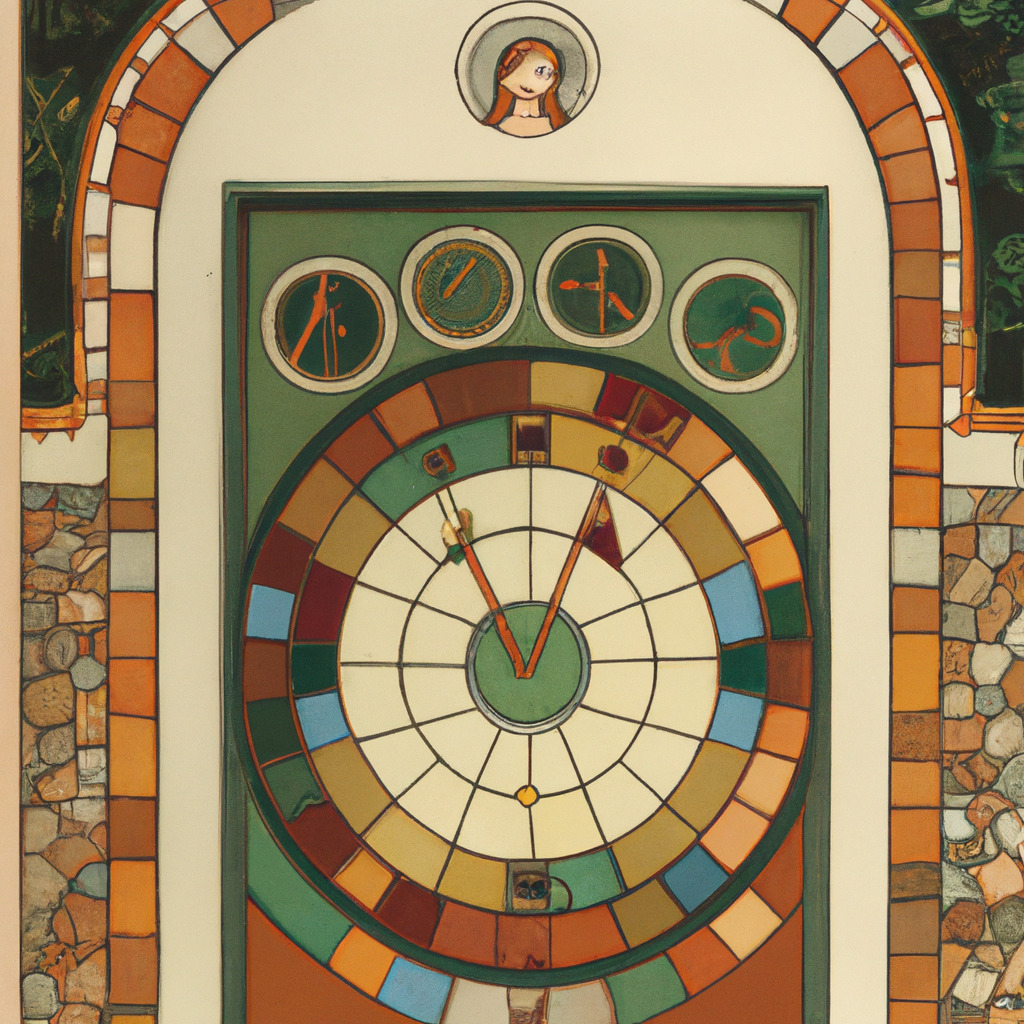 Stylized decorative wall clock with concentric circles and colorful geometric segments in an arched frame