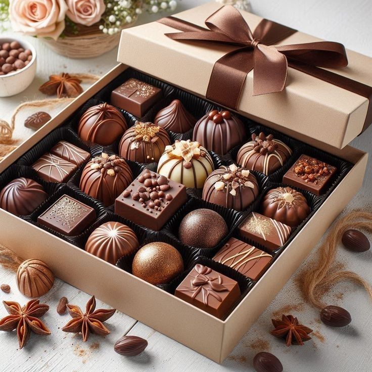 Luxury chocolate bonbons in gift box with ribbon, roses and spices
