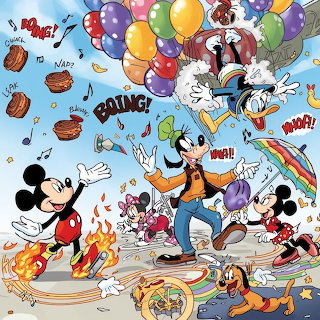Mickey Mouse and Disney friends in chaotic cartoon party scene with balloons and presents