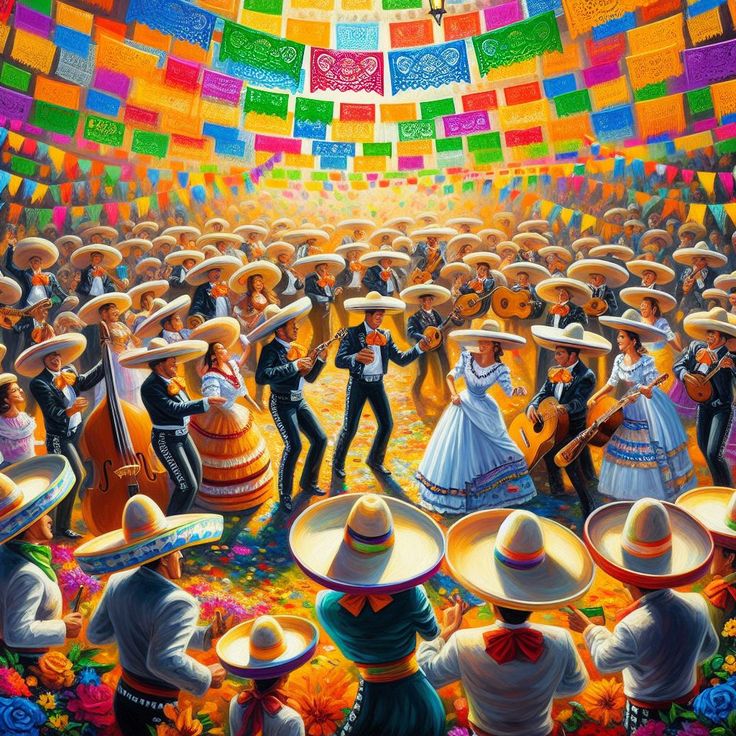 Colorful illustration of mariachi dancers and musicians at a lively festival under bright papel picado banners
