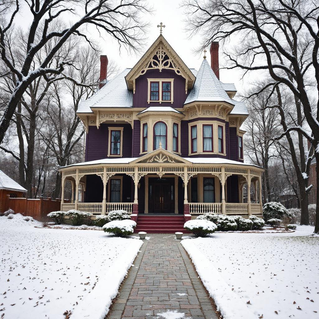 Purple Victorian mansion with ornate trim and porch in snow