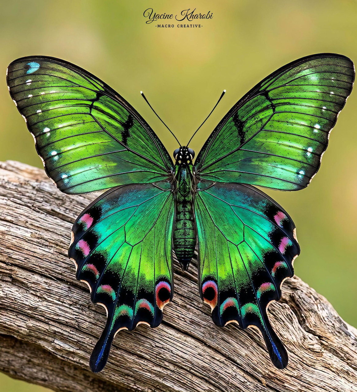 Iridescent green and teal butterfly with spread wings perched on a wooden branch