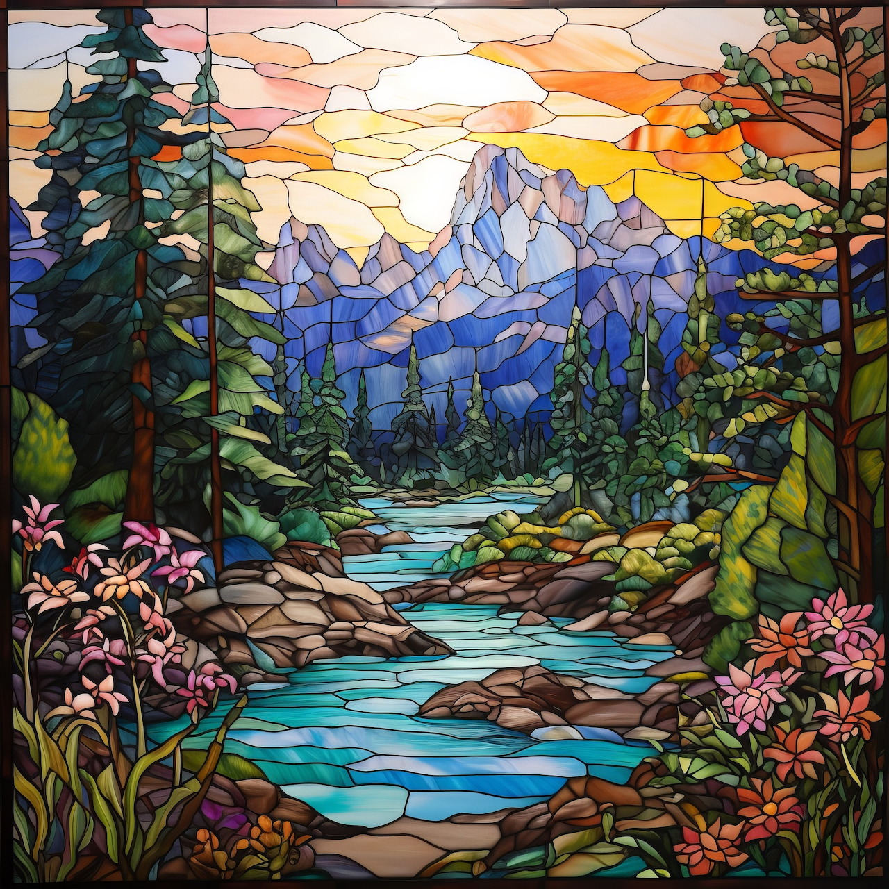 Stained glass art of mountain river through forest with sunset sky and pink flowers