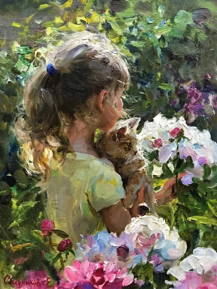Painting of a young girl holding a kitten beside pink and white flowers