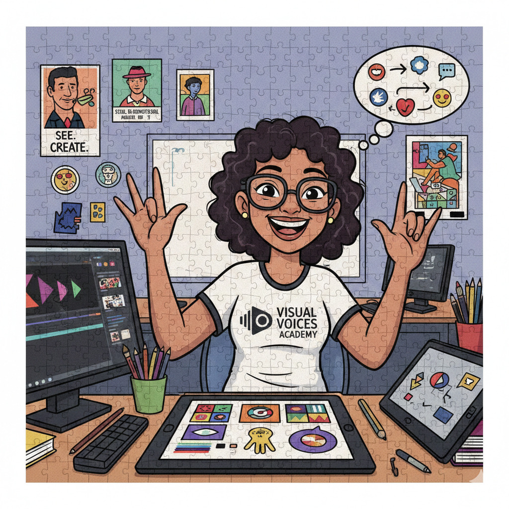 Illustrated woman smiling at a desk with drawing tablet, monitors, and colorful art supplies
