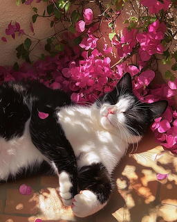 Black and white cat resting in sunshine beneath pink flowering branches