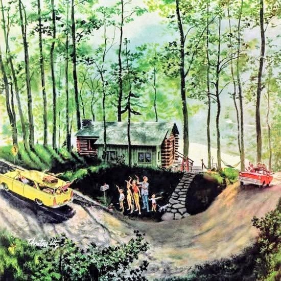 Family standing near log cabin in forest clearing with vintage cars parked on dirt path