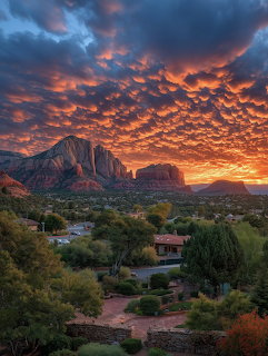 Dramatic orange sunset with mammatus clouds over Sedona red rock mountains and desert homes