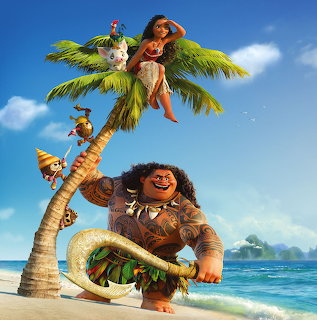 Animated characters Moana and Maui on a tropical beach with palm tree, ocean, and blue sky