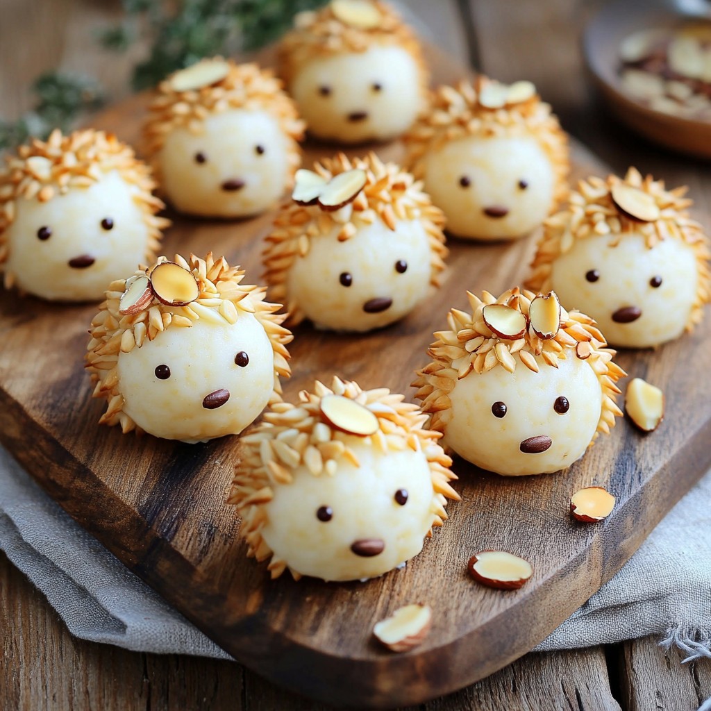 Cute hedgehog cheese balls with almond spines and seed eyes on wooden serving board
