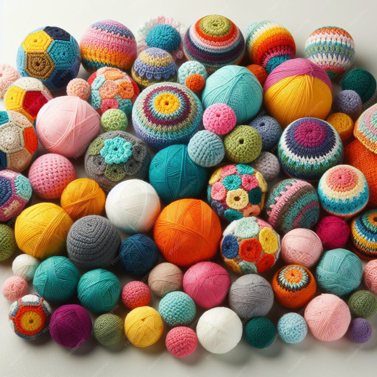 Colorful assortment of crocheted balls in various patterns and sizes